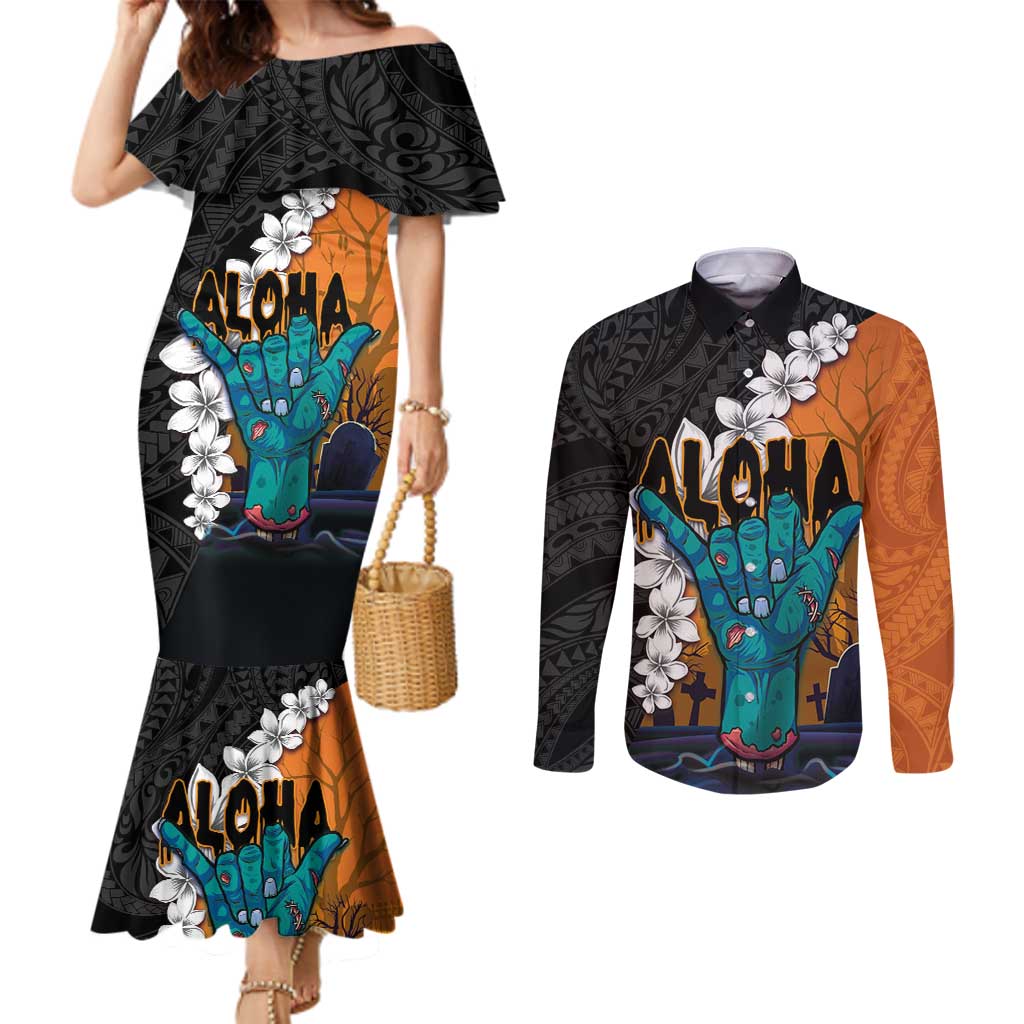 Hawaiian Halloween Couples Matching Mermaid Dress and Long Sleeve Button Shirt Horror Shaka Hand with Plumeria and Polynesian Tattoo Autumn Color