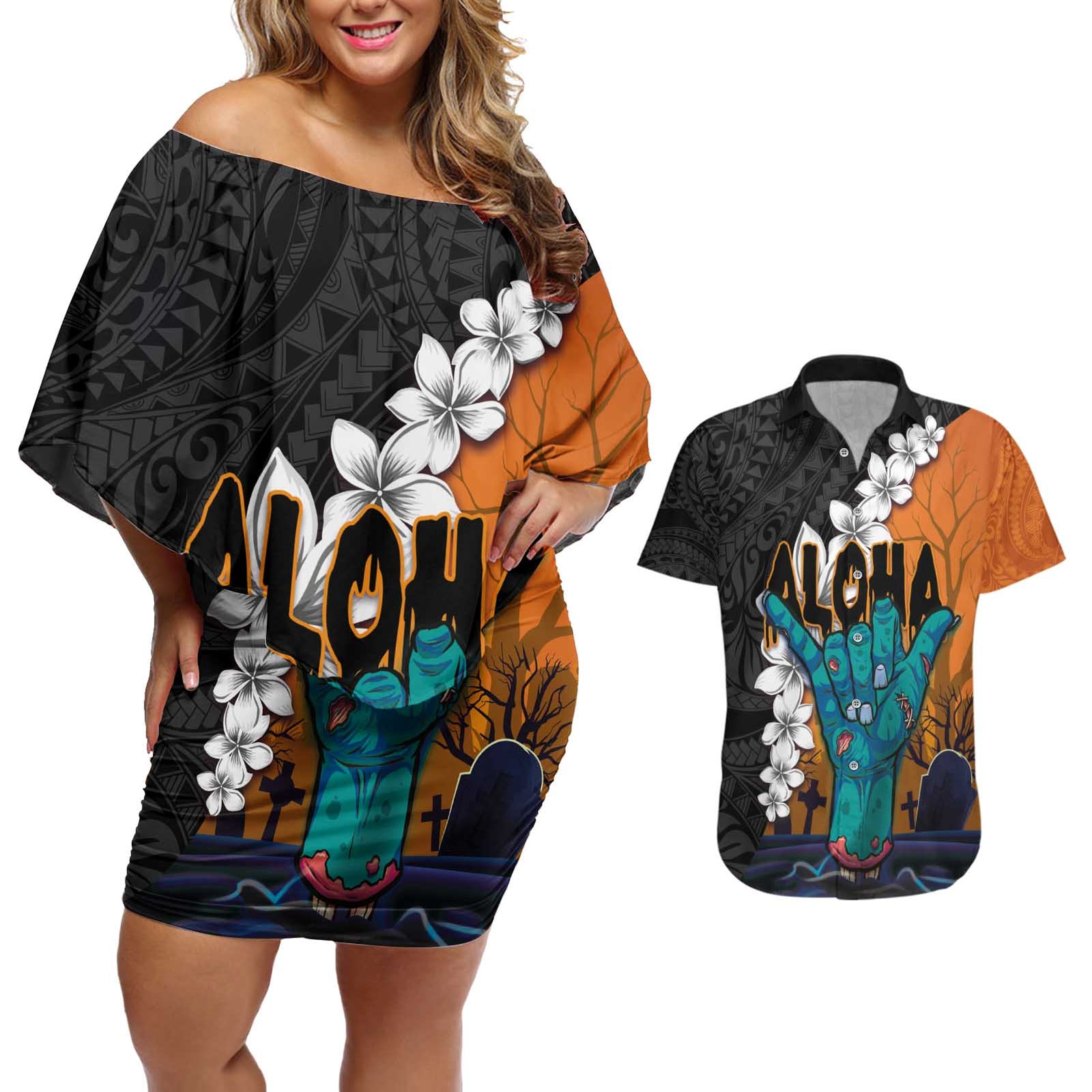 Hawaiian Halloween Couples Matching Off Shoulder Short Dress and Hawaiian Shirt Horror Shaka Hand with Plumeria and Polynesian Tattoo Autumn Color