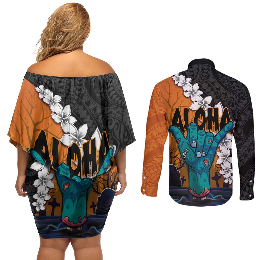 Hawaiian Halloween Couples Matching Off Shoulder Short Dress and Long Sleeve Button Shirt Horror Shaka Hand with Plumeria and Polynesian Tattoo Autumn Color