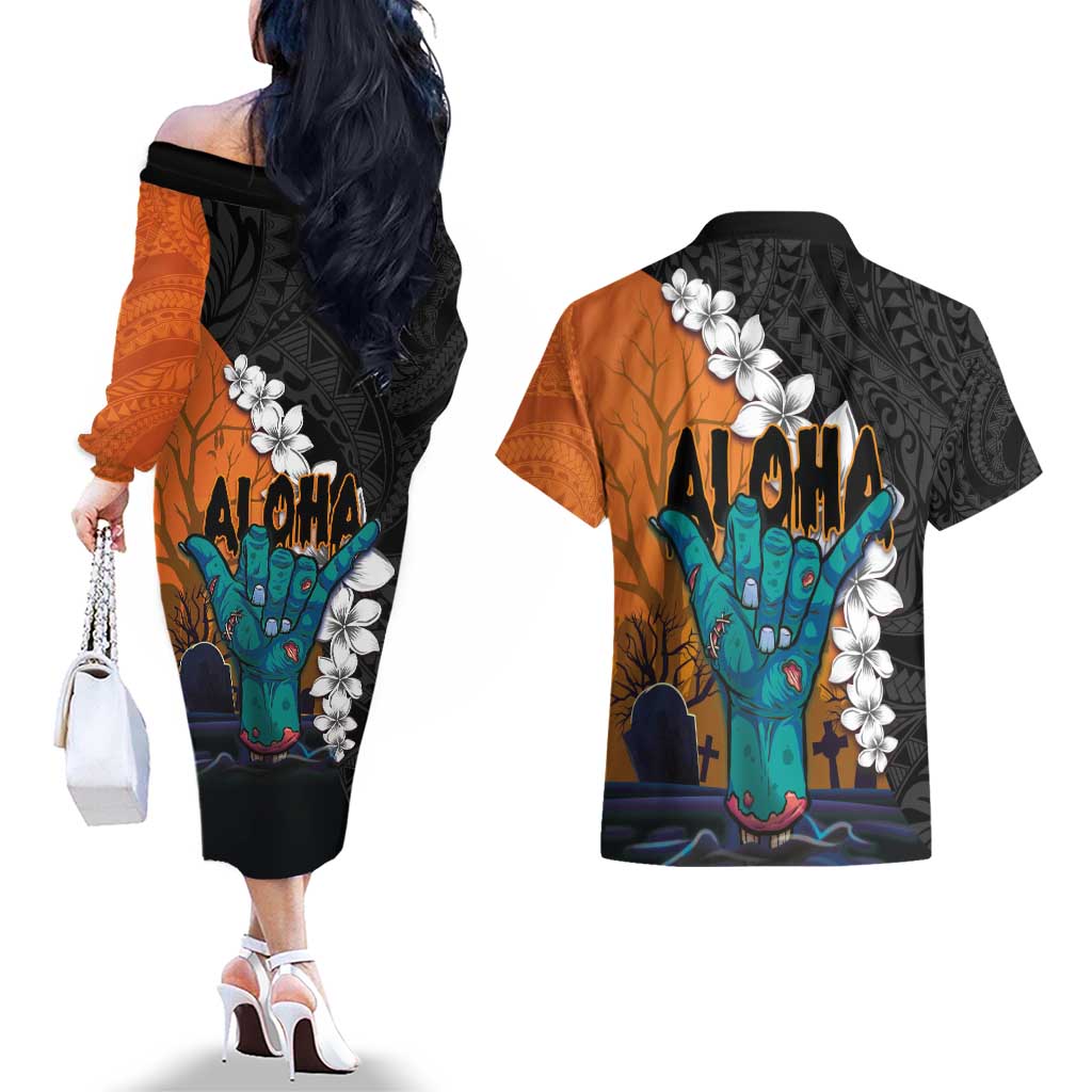Hawaiian Halloween Couples Matching Off The Shoulder Long Sleeve Dress and Hawaiian Shirt Horror Shaka Hand with Plumeria and Polynesian Tattoo Autumn Color