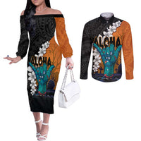 Hawaiian Halloween Couples Matching Off The Shoulder Long Sleeve Dress and Long Sleeve Button Shirt Horror Shaka Hand with Plumeria and Polynesian Tattoo Autumn Color