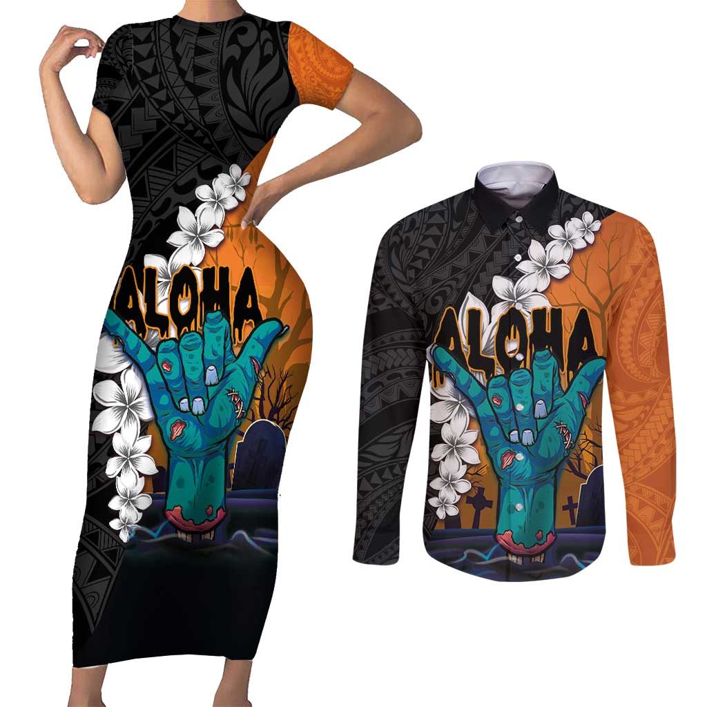 Hawaiian Halloween Couples Matching Short Sleeve Bodycon Dress and Long Sleeve Button Shirt Horror Shaka Hand with Plumeria and Polynesian Tattoo Autumn Color