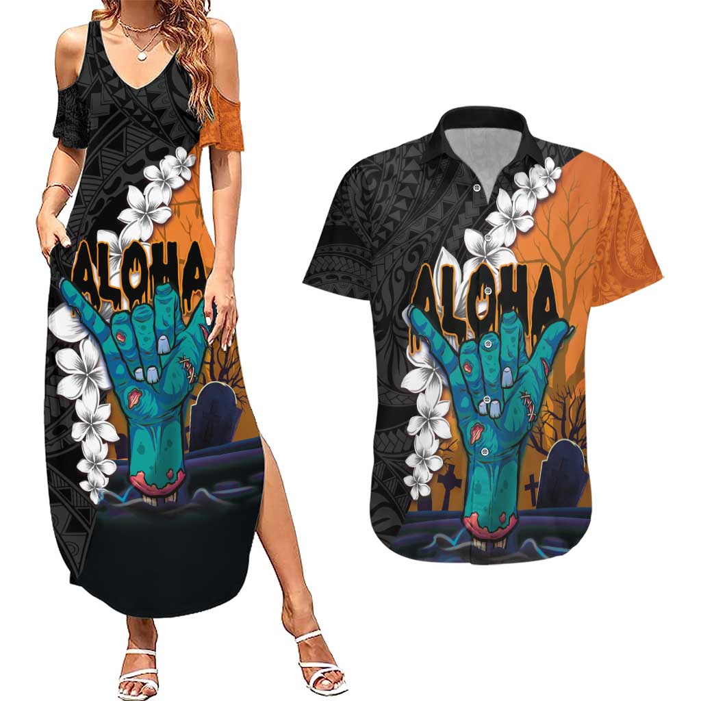 Hawaiian Halloween Couples Matching Summer Maxi Dress and Hawaiian Shirt Horror Shaka Hand with Plumeria and Polynesian Tattoo Autumn Color