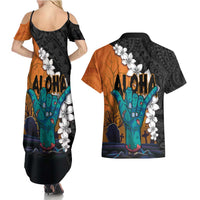Hawaiian Halloween Couples Matching Summer Maxi Dress and Hawaiian Shirt Horror Shaka Hand with Plumeria and Polynesian Tattoo Autumn Color