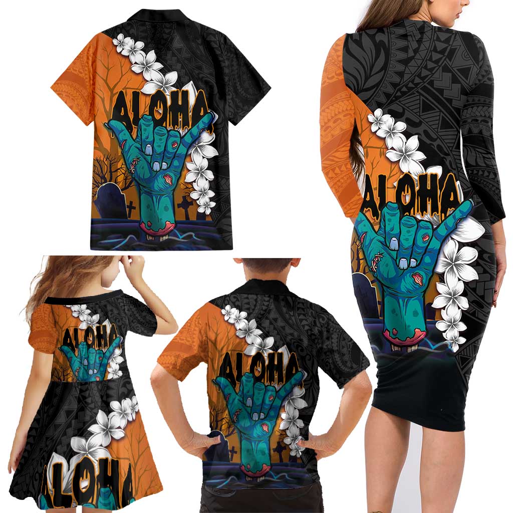 Hawaiian Halloween Family Matching Long Sleeve Bodycon Dress and Hawaiian Shirt Horror Shaka Hand with Plumeria and Polynesian Tattoo Autumn Color