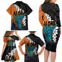 Hawaiian Halloween Family Matching Long Sleeve Bodycon Dress and Hawaiian Shirt Horror Shaka Hand with Plumeria and Polynesian Tattoo Autumn Color