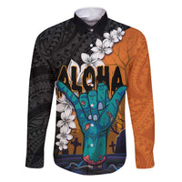 Hawaiian Halloween Family Matching Long Sleeve Bodycon Dress and Hawaiian Shirt Horror Shaka Hand with Plumeria and Polynesian Tattoo Autumn Color