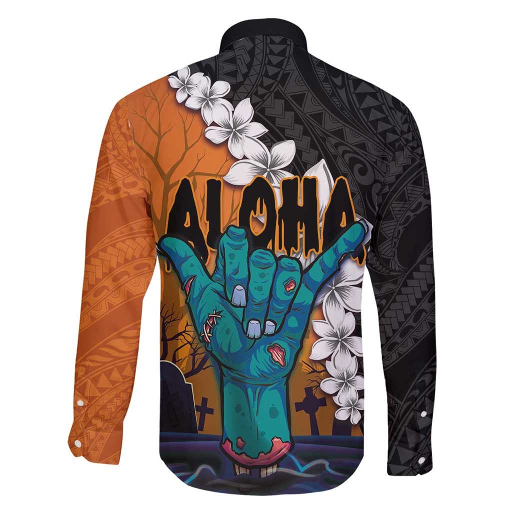 Hawaiian Halloween Family Matching Long Sleeve Bodycon Dress and Hawaiian Shirt Horror Shaka Hand with Plumeria and Polynesian Tattoo Autumn Color