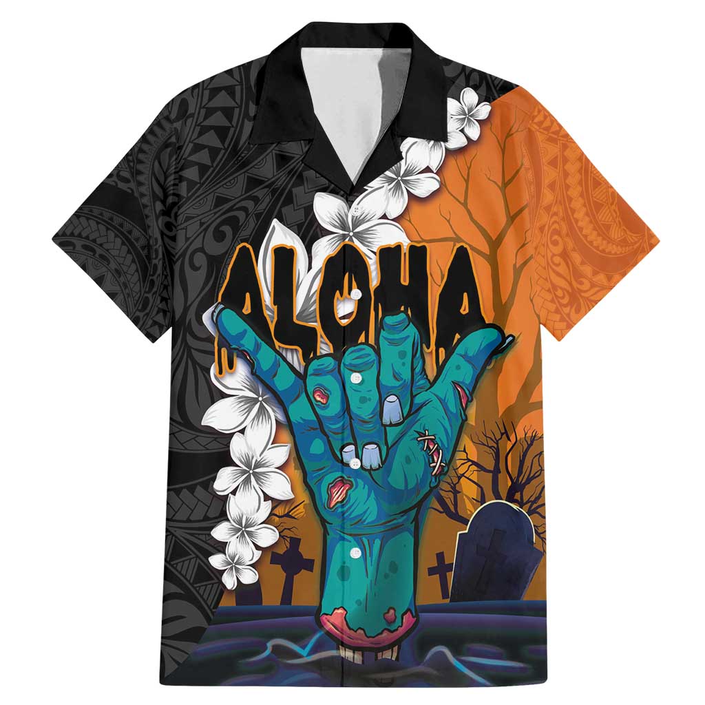 Hawaiian Halloween Family Matching Mermaid Dress and Hawaiian Shirt Horror Shaka Hand with Plumeria and Polynesian Tattoo Autumn Color