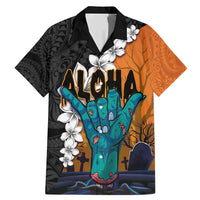 Hawaiian Halloween Family Matching Mermaid Dress and Hawaiian Shirt Horror Shaka Hand with Plumeria and Polynesian Tattoo Autumn Color