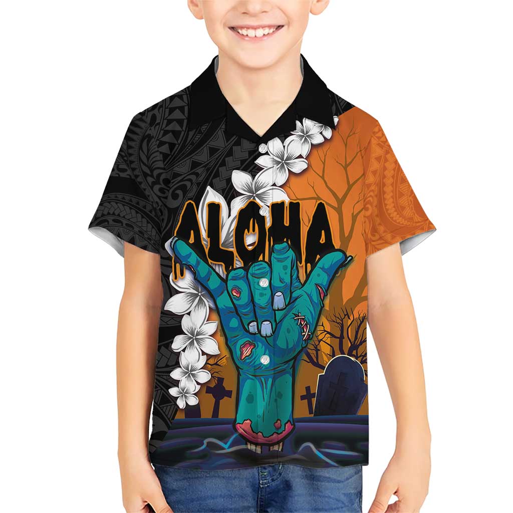 Hawaiian Halloween Family Matching Short Sleeve Bodycon Dress and Hawaiian Shirt Horror Shaka Hand with Plumeria and Polynesian Tattoo Autumn Color