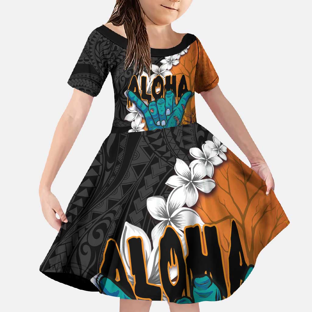 Hawaiian Halloween Family Matching Summer Maxi Dress and Hawaiian Shirt Horror Shaka Hand with Plumeria and Polynesian Tattoo Autumn Color