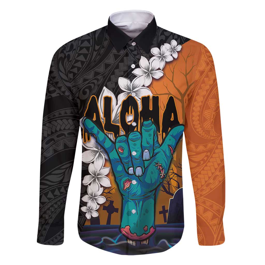 Hawaiian Halloween Family Matching Summer Maxi Dress and Hawaiian Shirt Horror Shaka Hand with Plumeria and Polynesian Tattoo Autumn Color