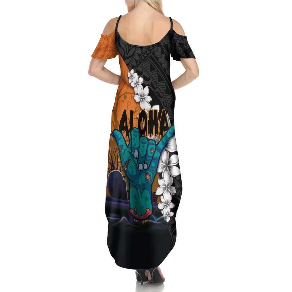 Hawaiian Halloween Family Matching Summer Maxi Dress and Hawaiian Shirt Horror Shaka Hand with Plumeria and Polynesian Tattoo Autumn Color