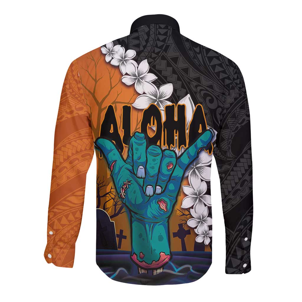 Hawaiian Halloween Long Sleeve Button Shirt Horror Shaka Hand with Plumeria and Polynesian Tattoo Autumn Color
