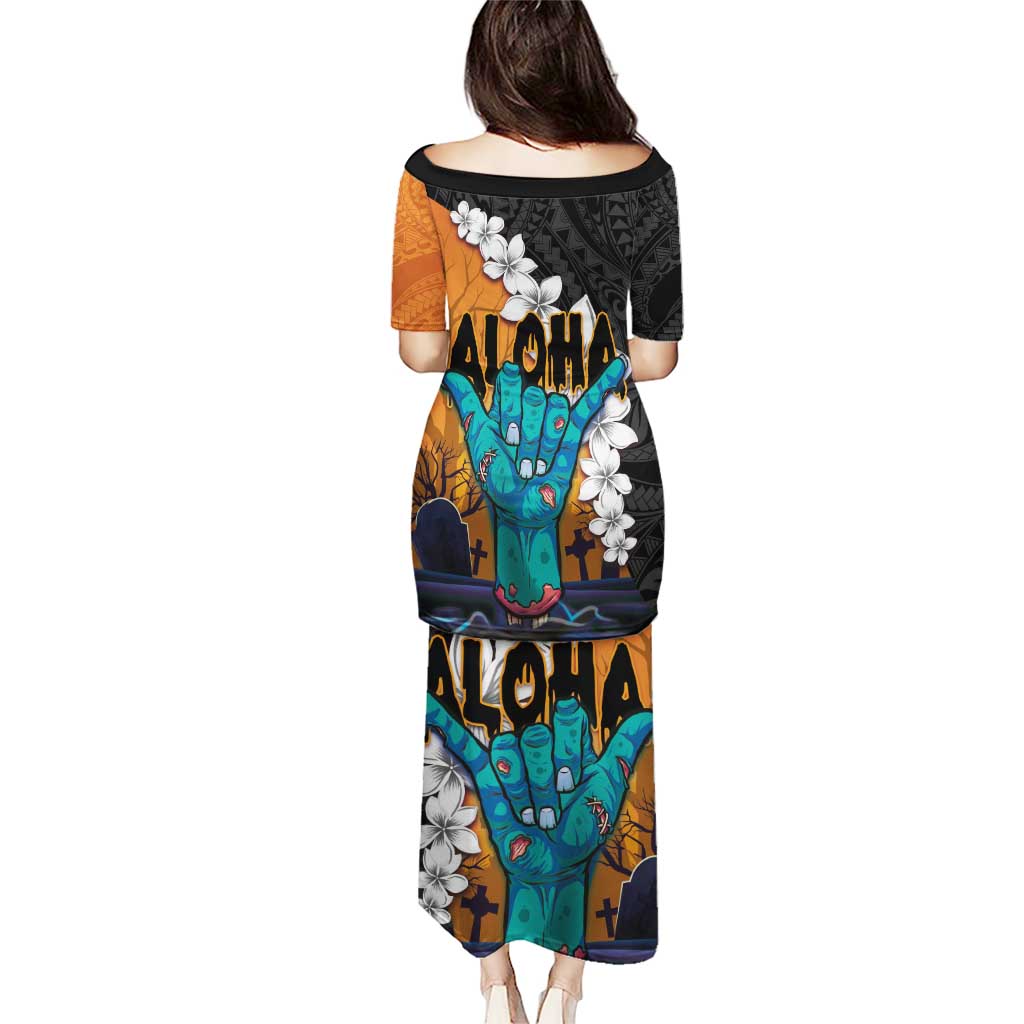 Hawaiian Halloween Puletasi Horror Shaka Hand with Plumeria and Polynesian Tattoo Autumn Color