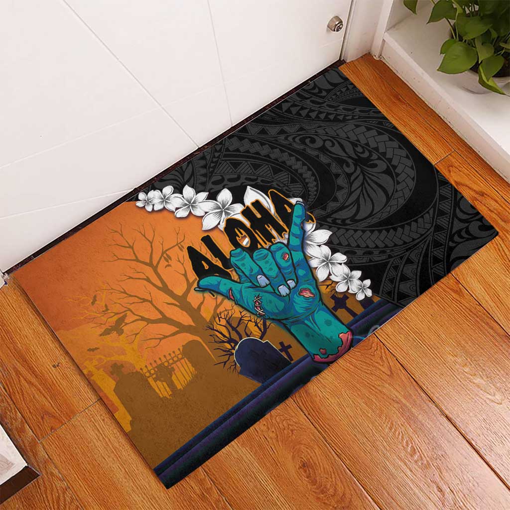 Hawaiian Halloween Rubber Doormat Horror Shaka Hand with Plumeria and Polynesian Tattoo Autumn Color