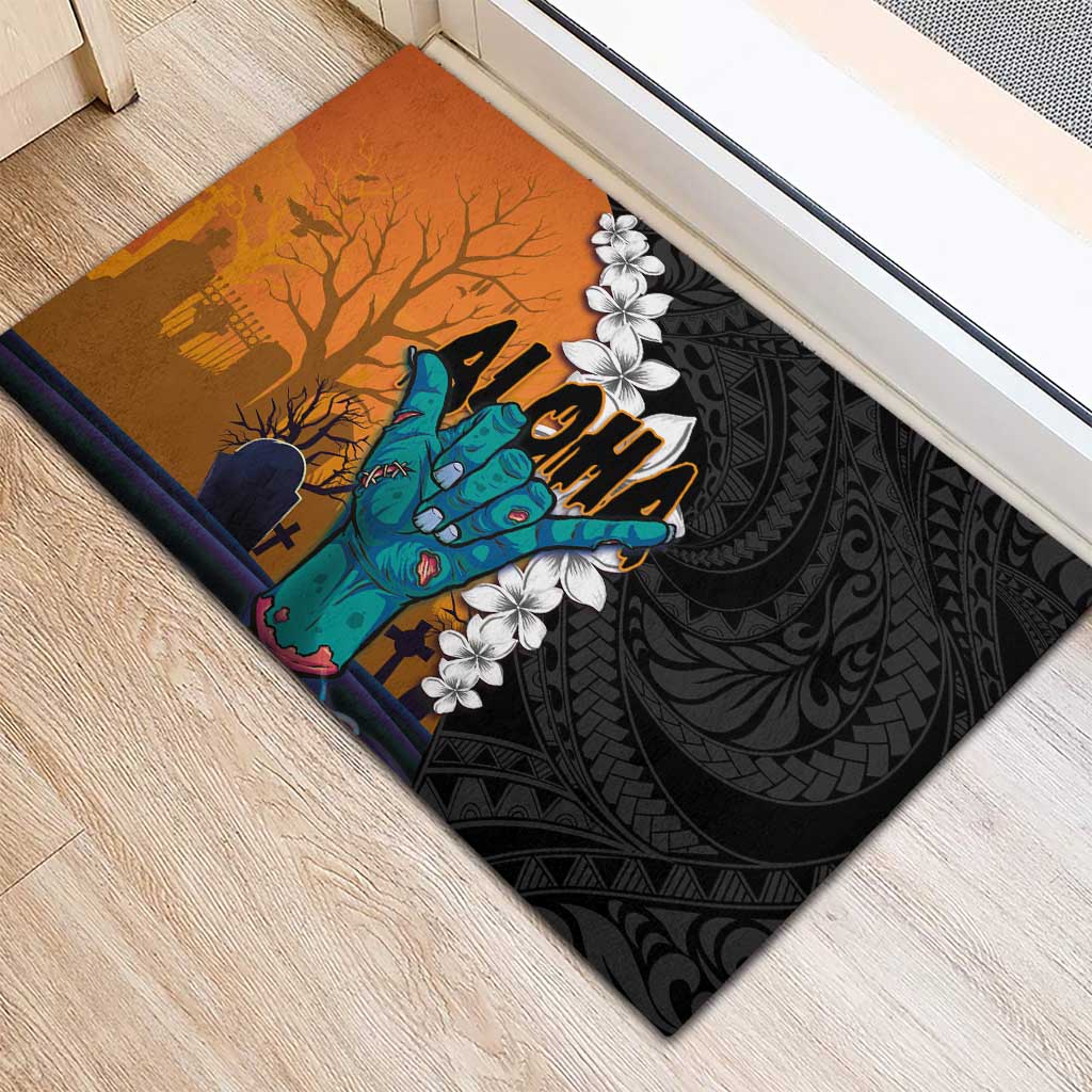 Hawaiian Halloween Rubber Doormat Horror Shaka Hand with Plumeria and Polynesian Tattoo Autumn Color