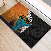 Hawaiian Halloween Rubber Doormat Horror Shaka Hand with Plumeria and Polynesian Tattoo Autumn Color
