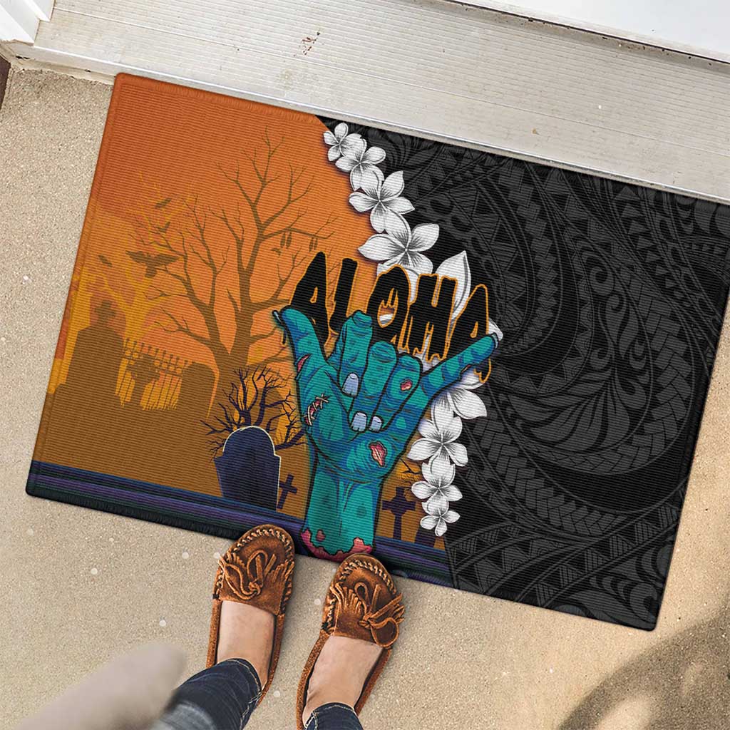 Hawaiian Halloween Rubber Doormat Horror Shaka Hand with Plumeria and Polynesian Tattoo Autumn Color