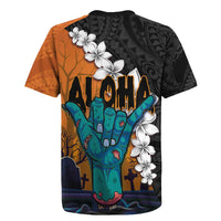 Hawaiian Halloween Rugby Jersey Horror Shaka Hand with Plumeria and Polynesian Tattoo Autumn Color