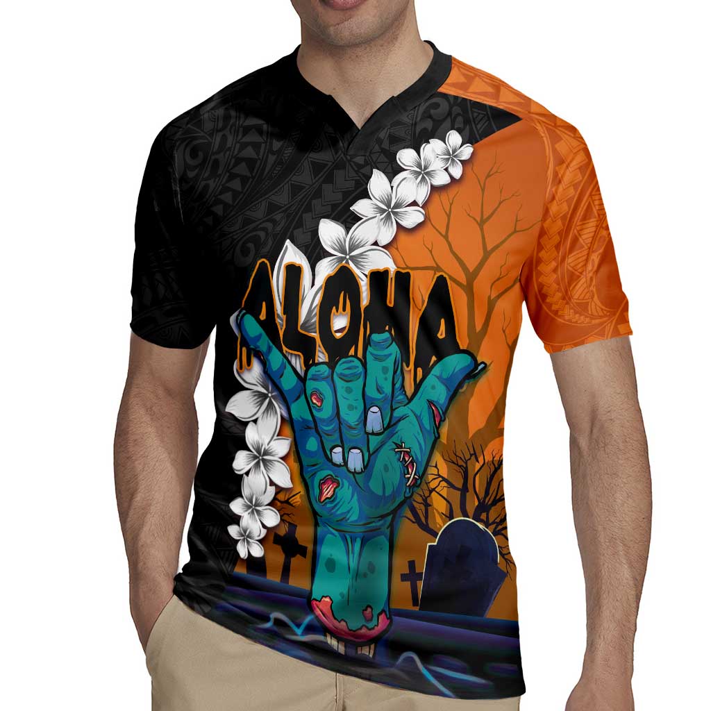 Hawaiian Halloween Rugby Jersey Horror Shaka Hand with Plumeria and Polynesian Tattoo Autumn Color