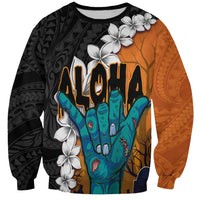 Hawaiian Halloween Sweatshirt Horror Shaka Hand with Plumeria and Polynesian Tattoo Autumn Color LT03 Unisex Orange - Polynesian Pride