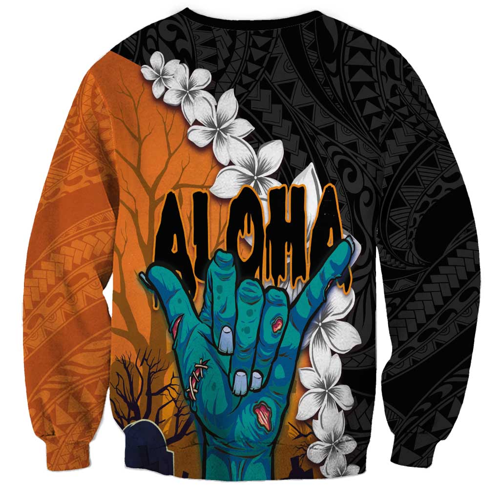 Hawaiian Halloween Sweatshirt Horror Shaka Hand with Plumeria and Polynesian Tattoo Autumn Color LT03 - Polynesian Pride