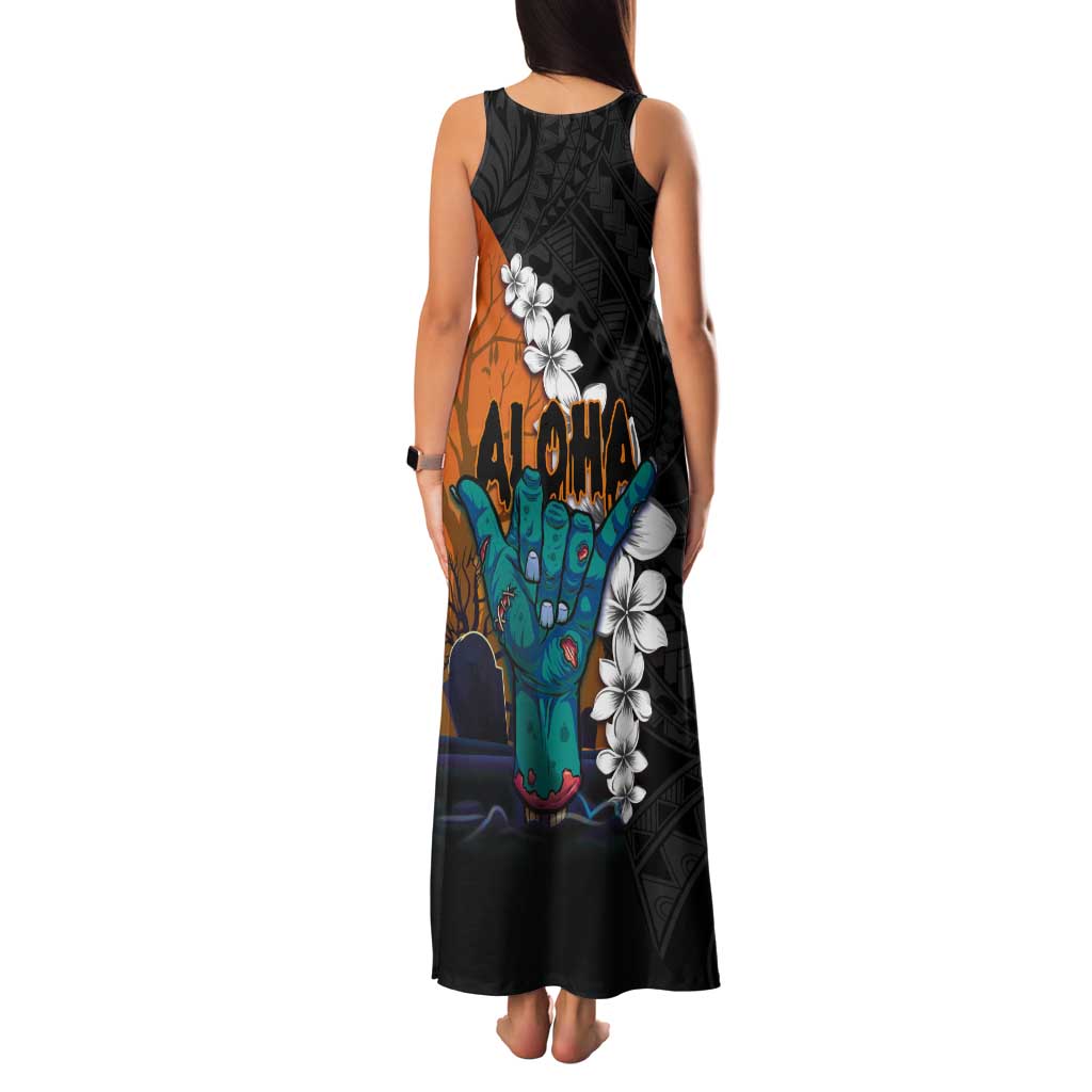 Hawaiian Halloween Tank Maxi Dress Horror Shaka Hand with Plumeria and Polynesian Tattoo Autumn Color