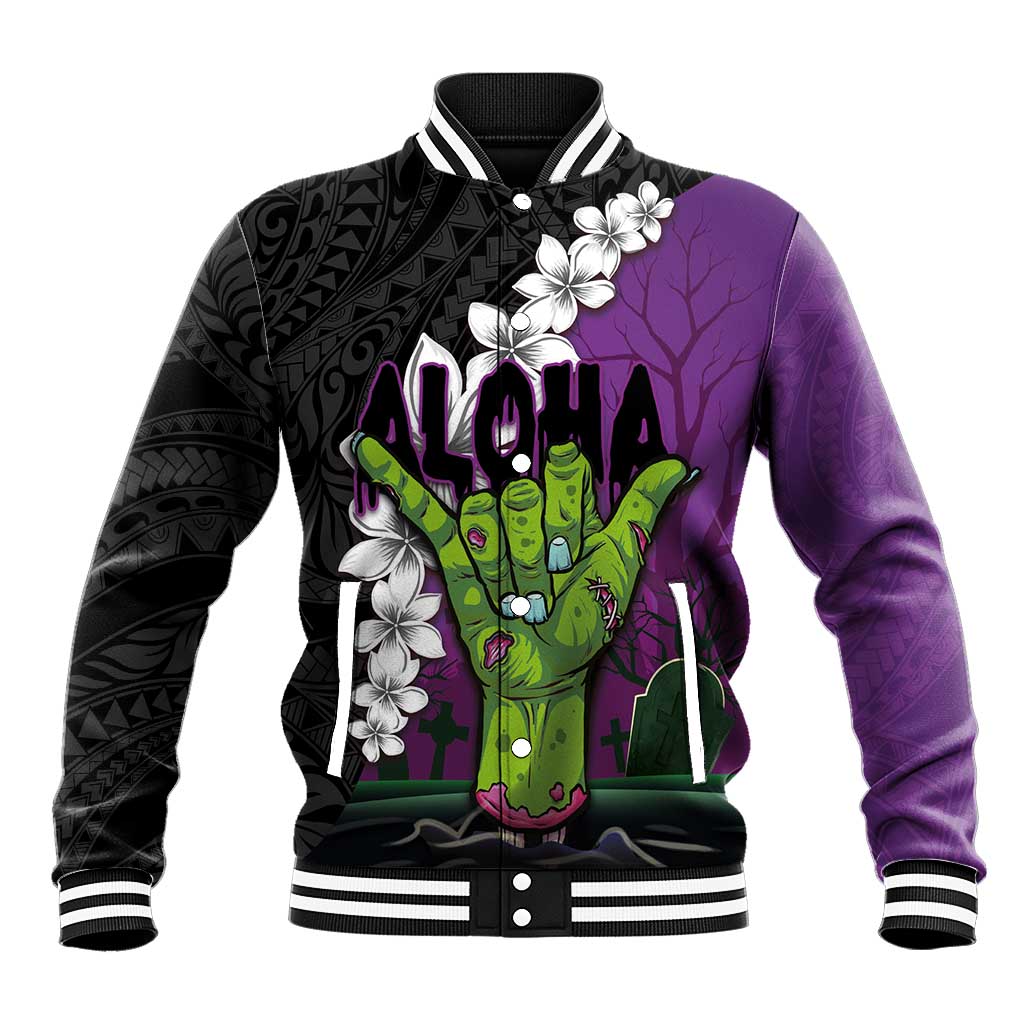Hawaiian Halloween Baseball Jacket Horror Shaka Hand with Plumeria and Polynesian Tattoo Midnight Color