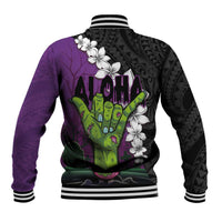 Hawaiian Halloween Baseball Jacket Horror Shaka Hand with Plumeria and Polynesian Tattoo Midnight Color
