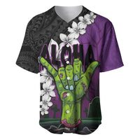 Hawaiian Halloween Baseball Jersey Horror Shaka Hand with Plumeria and Polynesian Tattoo Midnight Color LT03 Purple - Polynesian Pride