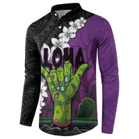 Hawaiian Halloween Button Sweatshirt Horror Shaka Hand with Plumeria and Polynesian Tattoo Midnight Color