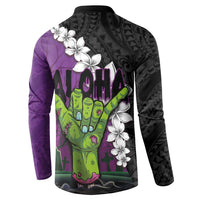 Hawaiian Halloween Button Sweatshirt Horror Shaka Hand with Plumeria and Polynesian Tattoo Midnight Color