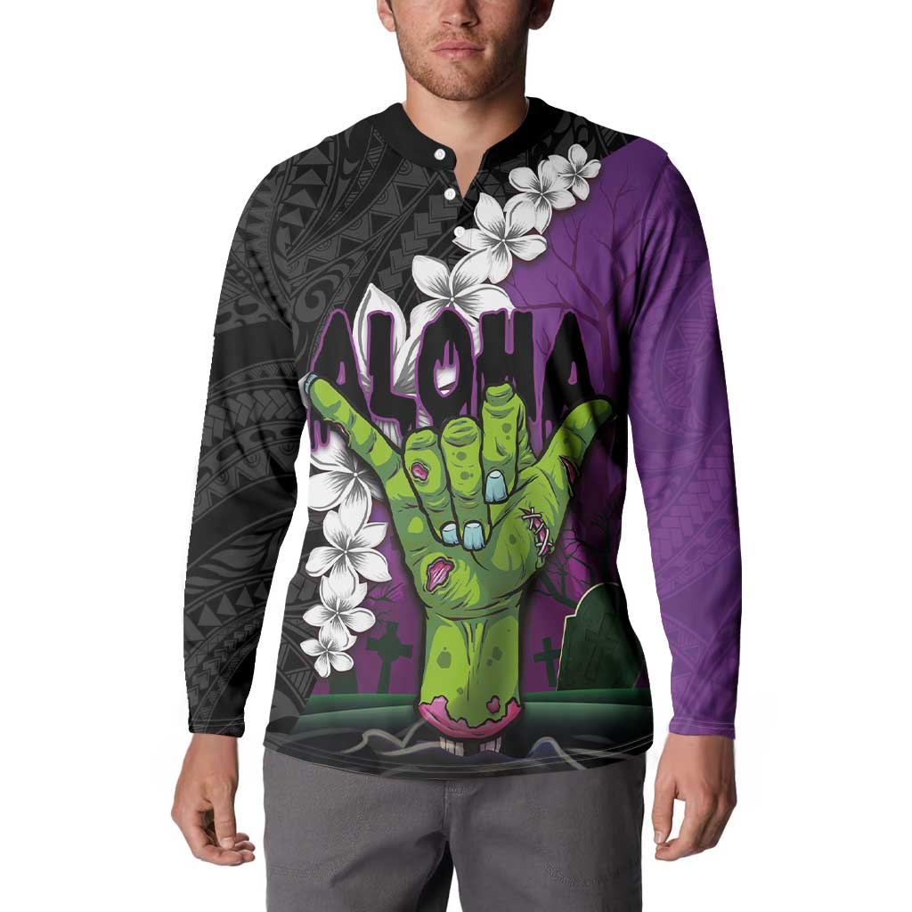 Hawaiian Halloween Button Sweatshirt Horror Shaka Hand with Plumeria and Polynesian Tattoo Midnight Color