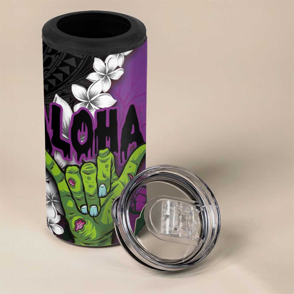 Hawaiian Halloween 4 in 1 Can Cooler Tumbler Horror Shaka Hand with Plumeria and Polynesian Tattoo Midnight Color
