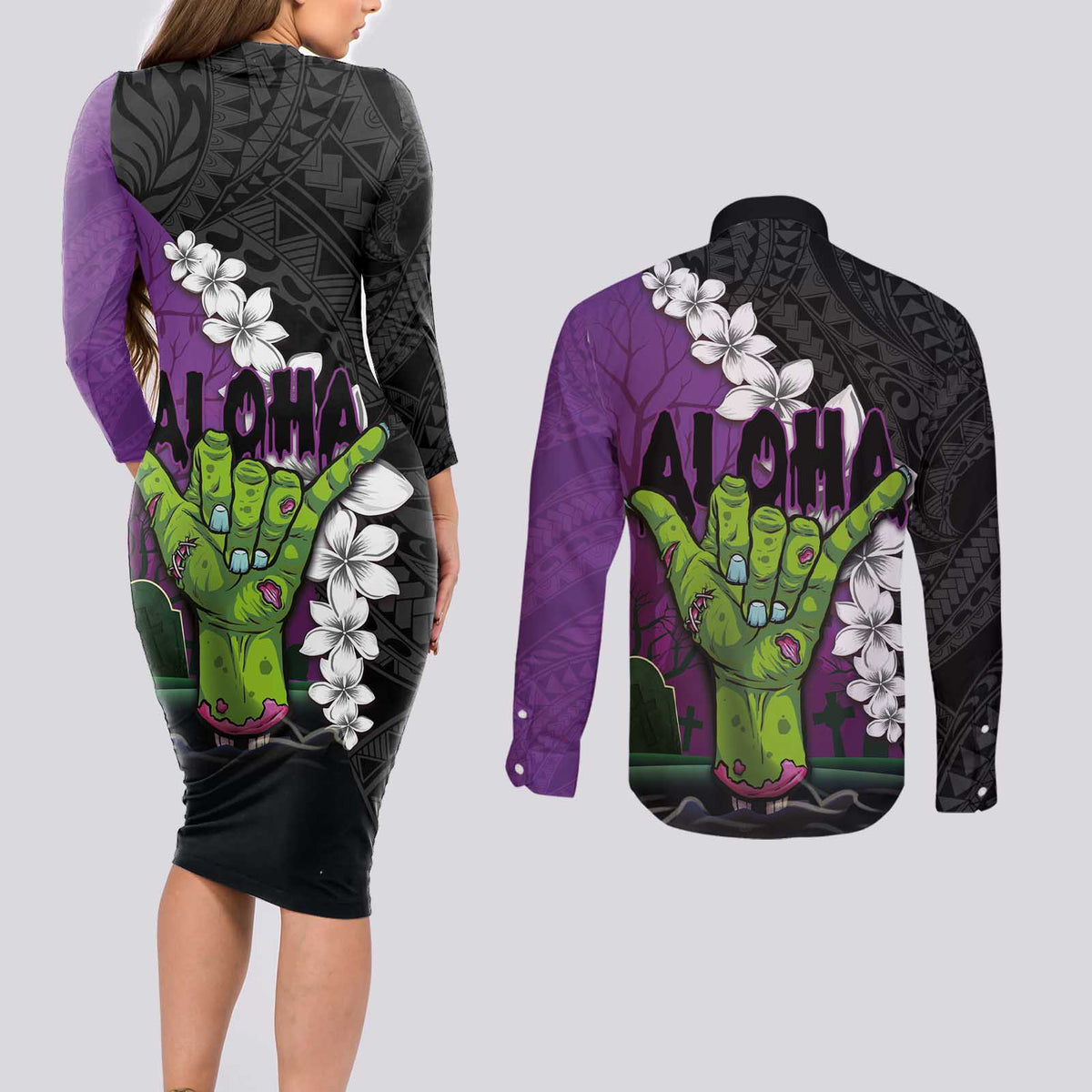 Hawaiian Halloween Couples Matching Long Sleeve Bodycon Dress and Long Sleeve Button Shirt Horror Shaka Hand with Plumeria and Polynesian Tattoo Midnight Color