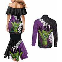 Hawaiian Halloween Couples Matching Mermaid Dress and Long Sleeve Button Shirt Horror Shaka Hand with Plumeria and Polynesian Tattoo Midnight Color