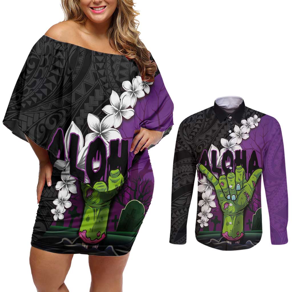 Hawaiian Halloween Couples Matching Off Shoulder Short Dress and Long Sleeve Button Shirt Horror Shaka Hand with Plumeria and Polynesian Tattoo Midnight Color