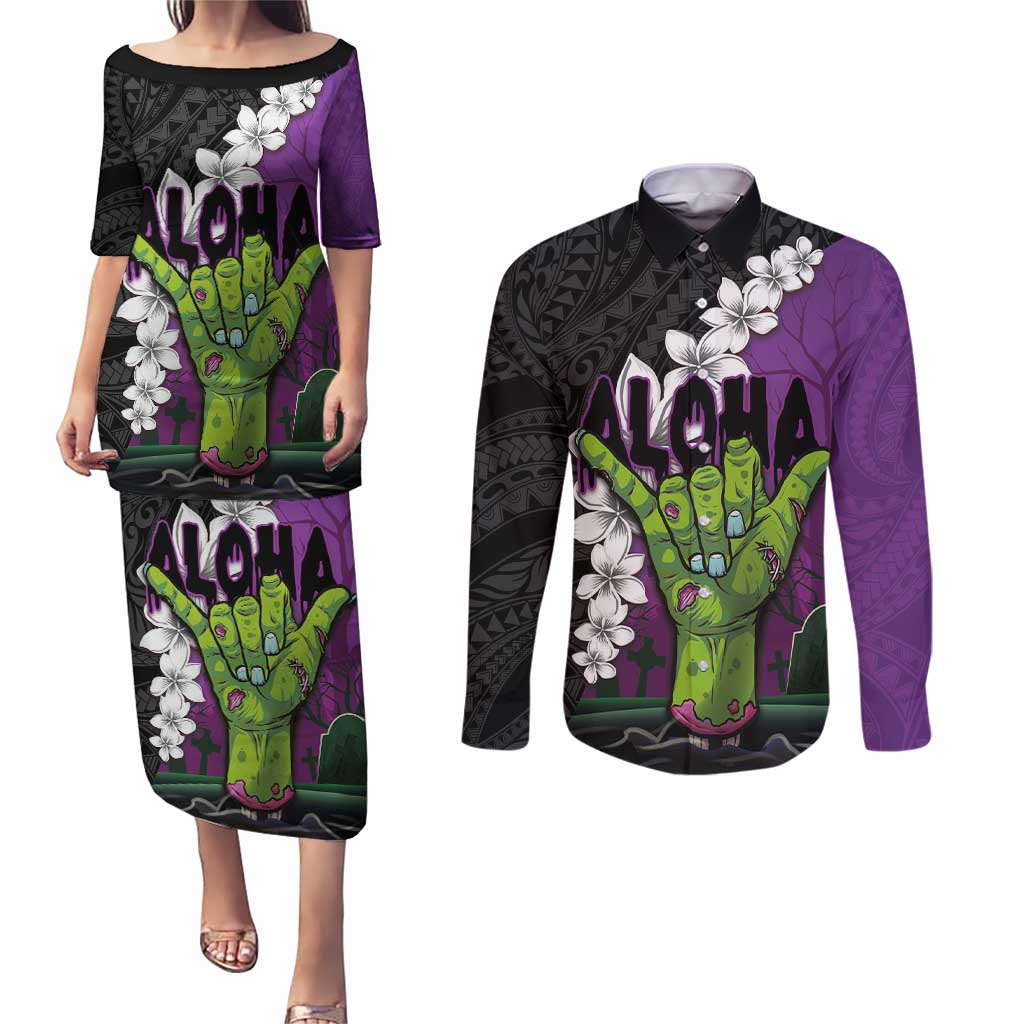 Hawaiian Halloween Couples Matching Puletasi and Long Sleeve Button Shirt Horror Shaka Hand with Plumeria and Polynesian Tattoo Midnight Color