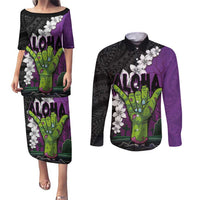 Hawaiian Halloween Couples Matching Puletasi and Long Sleeve Button Shirt Horror Shaka Hand with Plumeria and Polynesian Tattoo Midnight Color