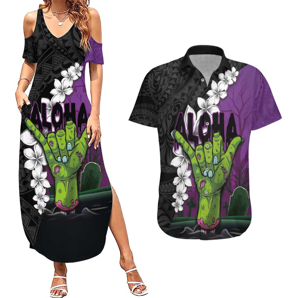 Hawaiian Halloween Couples Matching Summer Maxi Dress and Hawaiian Shirt Horror Shaka Hand with Plumeria and Polynesian Tattoo Midnight Color