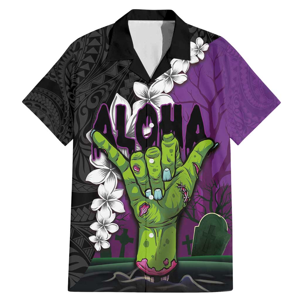 Hawaiian Halloween Family Matching Mermaid Dress and Hawaiian Shirt Horror Shaka Hand with Plumeria and Polynesian Tattoo Midnight Color