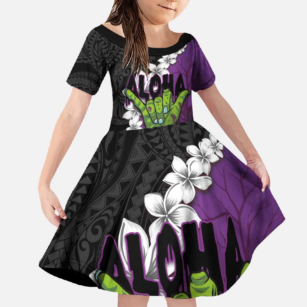 Hawaiian Halloween Family Matching Short Sleeve Bodycon Dress and Hawaiian Shirt Horror Shaka Hand with Plumeria and Polynesian Tattoo Midnight Color