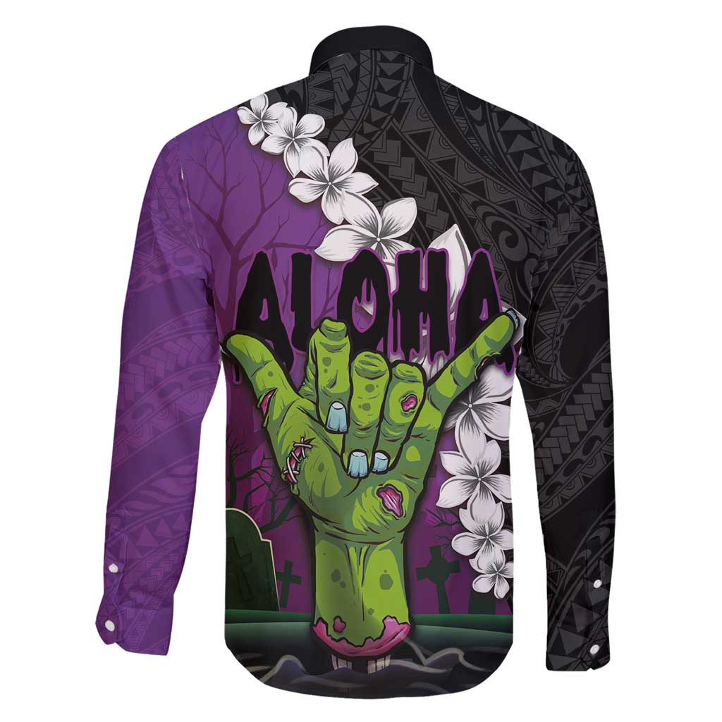 Hawaiian Halloween Family Matching Short Sleeve Bodycon Dress and Hawaiian Shirt Horror Shaka Hand with Plumeria and Polynesian Tattoo Midnight Color