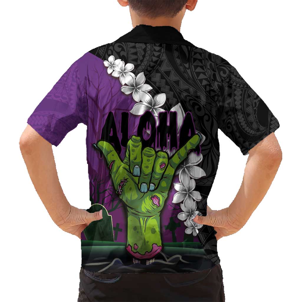 Hawaiian Halloween Family Matching Summer Maxi Dress and Hawaiian Shirt Horror Shaka Hand with Plumeria and Polynesian Tattoo Midnight Color