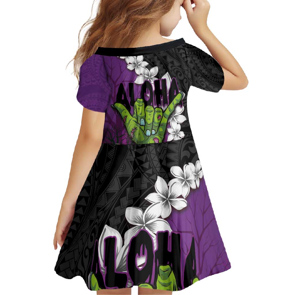 Hawaiian Halloween Family Matching Summer Maxi Dress and Hawaiian Shirt Horror Shaka Hand with Plumeria and Polynesian Tattoo Midnight Color
