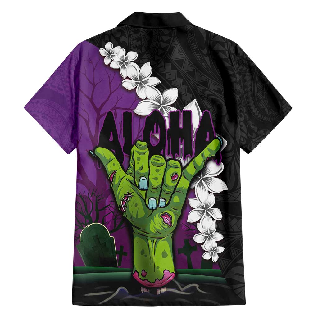 Hawaiian Halloween Family Matching Summer Maxi Dress and Hawaiian Shirt Horror Shaka Hand with Plumeria and Polynesian Tattoo Midnight Color