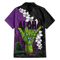 Hawaiian Halloween Family Matching Summer Maxi Dress and Hawaiian Shirt Horror Shaka Hand with Plumeria and Polynesian Tattoo Midnight Color