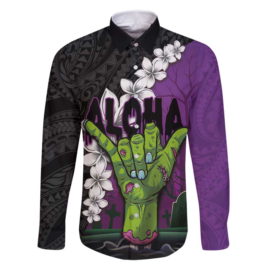 Hawaiian Halloween Family Matching Summer Maxi Dress and Hawaiian Shirt Horror Shaka Hand with Plumeria and Polynesian Tattoo Midnight Color